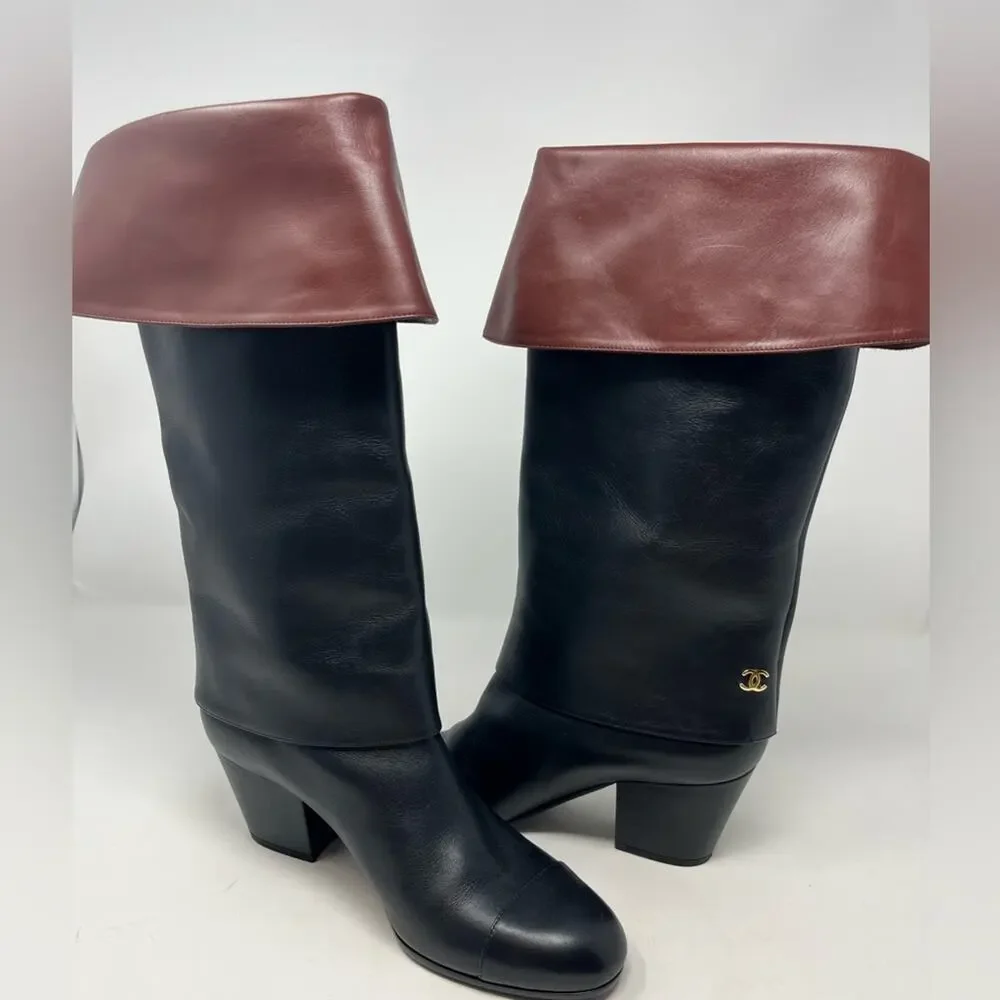 Chanel CC Cap Toe Fold Over Riding Boot Black Brown Leather Block Heel size 38.5